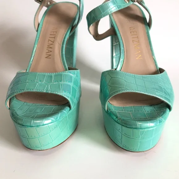 Green Capri Ice Iridescent Soft Crocodile Embossed Platform Heel Block Sandals - Picture 8 of 17